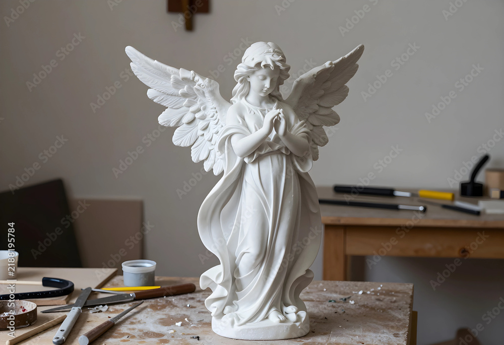 Fototapeta premium Spirituality and religion, white marble angel statue with praying hands in a sculptor workshop for artistic craftsmanship and traditional stone carving
