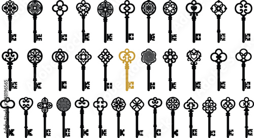 Foto Ornate vintage keys silhouette set vector illustration featuring decorative anti