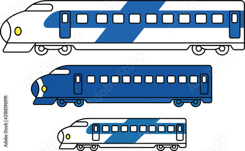 Foto Set of high speed shinkansen bullet train illustrations in blue and white colors