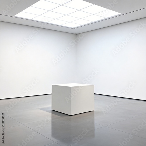 Obraz na płótnie Empty white gallery room with cubic display plinth