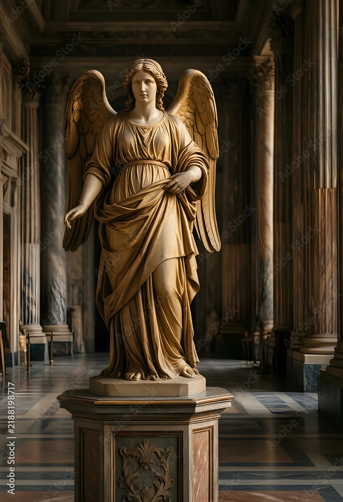 Fototapeta premium Spirituality and divine grace, golden angel statue in a classical marble hall with architectural columns and historical museum interior atmosphere