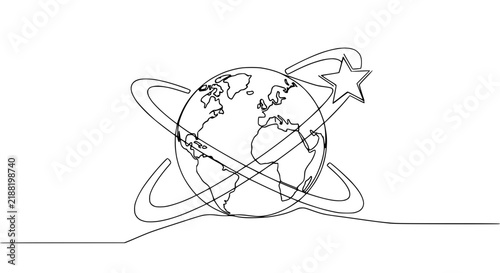 Continuous line drawing of planet Earth with orbiting star and rings, isolated on white