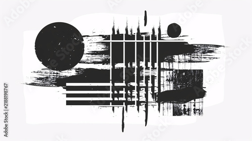 Abstract black ink brush strokes with geometric lines and circles