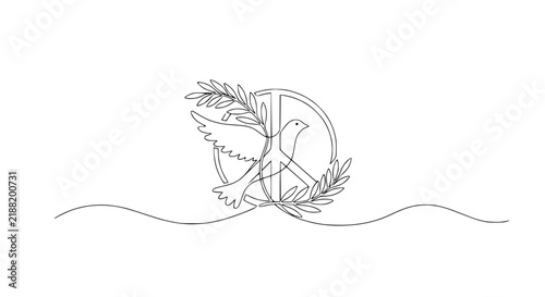 Peace Symbol with Dove and Olive Branch, Single Line Art