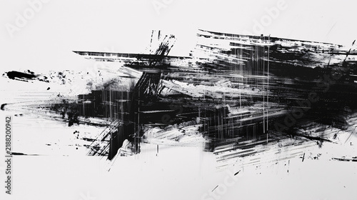 Abstract black ink brush strokes on a white paper background