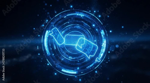 Abstract blue glowing spheres with data cubes rotating in a futuristic digital network for technology concepts