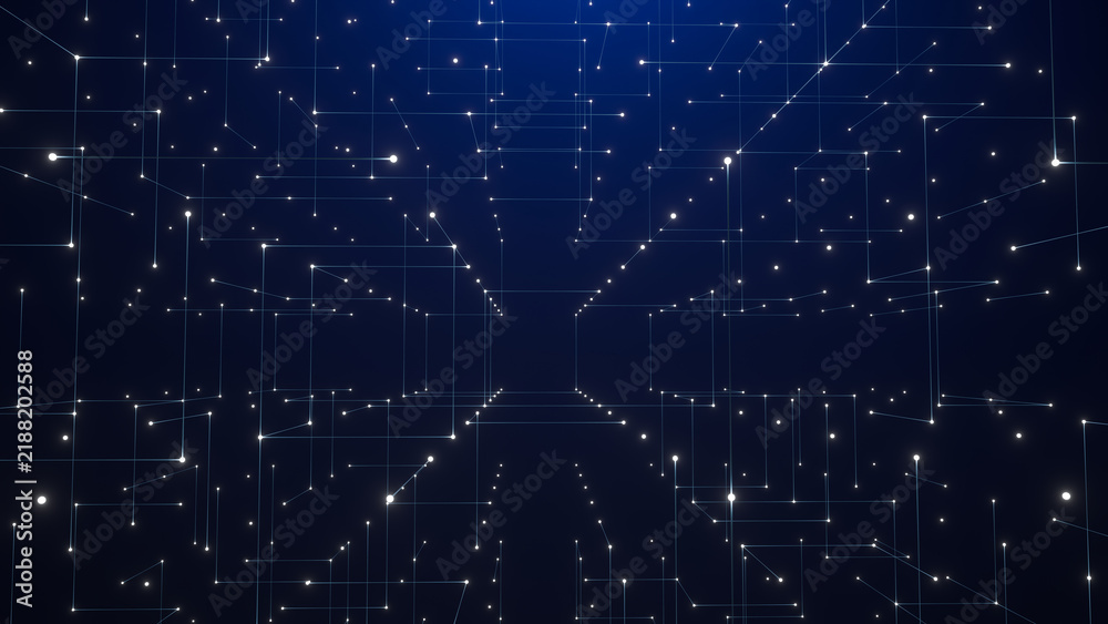 Obraz premium Abstract digital network tunnel blue light connection technology data grid forms futuristic virtual corridor with glowing node and line