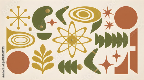 Set of mid century modern abstract shapes and geometric retro design elements in green and brown colors