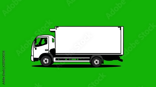 cartoon style animation of box delivery truck side view isolated in green screen background