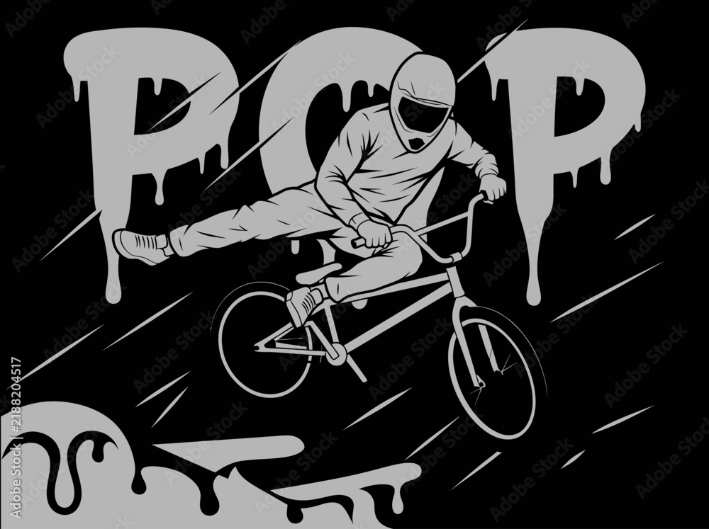 Obraz premium Stylized BMX Rider Performing Mid-Air Stunt with Graffiti Pop Text Illustration