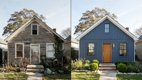Visual comparison of a dilapidated house versus a renovated blue home demonstrating home exterior improvement with renovation