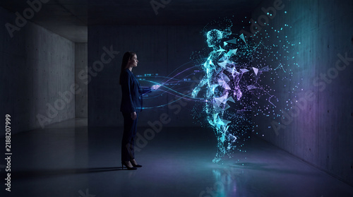 Woman conjuring a running human-shaped particle avatar