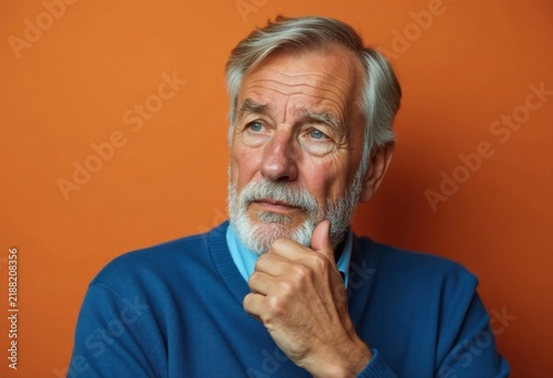 Older man in blue sweater looking down.
