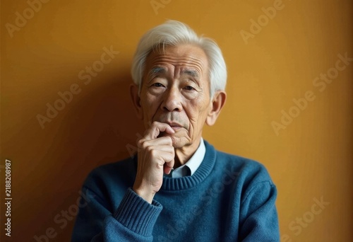 Old man in blue sweater reflecting.