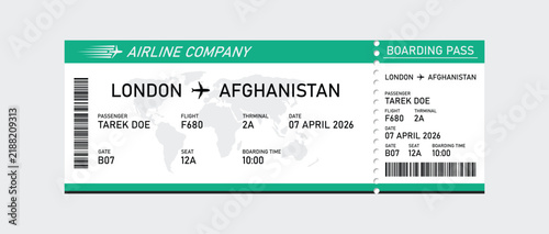 Teal and white airline boarding pass for a flight from london to afghanistan with passenger name tarek doe and flight number f680 on april 2026
