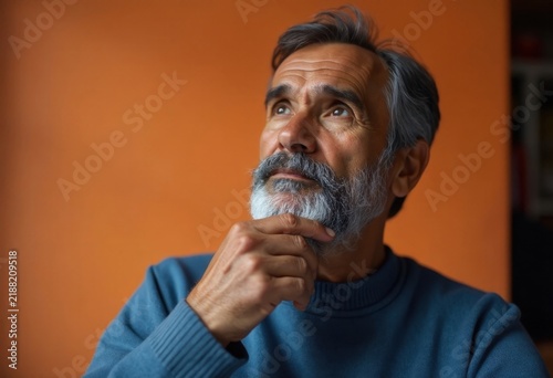 Old man with beard, in blue sweater, deep in thought.