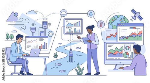 Environmental scientists monitoring water quality and ecosystem data using advanced digital technology and satellite connectivity.
