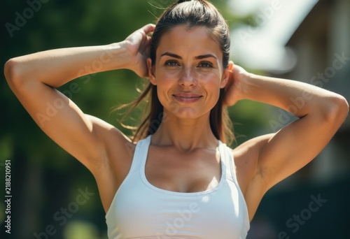 Woman in white tank top, holding her head in hands, smiling, against outdoor background.