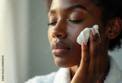Woman applying face mask.
