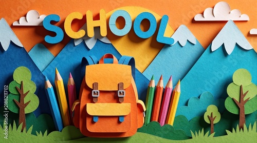 Paper cut illustration features a backpack, colorful pencils, and the word SCHOOL against a backdrop of mountains and sun. This art piece signifies education and back to school themes.