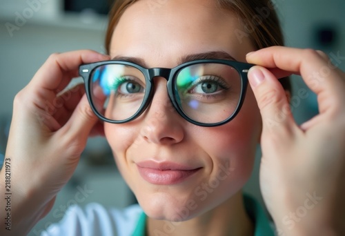 Professional Woman Adjusting Eyeglasses.
