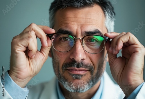 Professional male scientist examining something through eyeglasses.