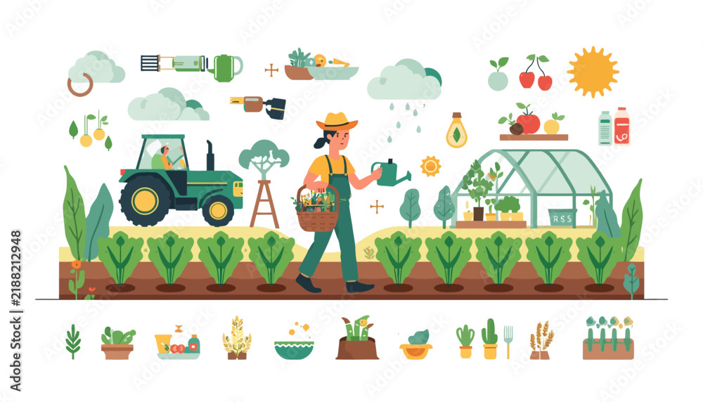 Fototapeta premium Woman farmer watering crops in a vegetable garden with a tractor and greenhouse in the background.