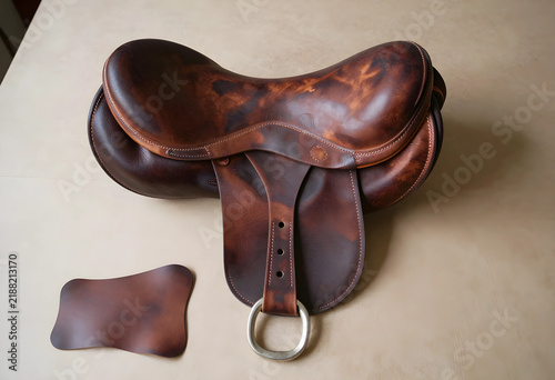 Equestrian sports and horse riding equipment, handcrafted brown leather saddle for horseback riding and ranch lifestyle on a neutral workshop surface