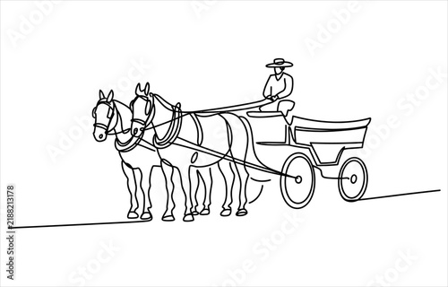 Принти на полотні Continuous one line drawing of a horse carriage pulled by two horses with a coac