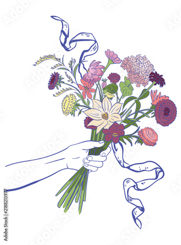 Hand-drawn ink drawing of a hand holding a wildflower bouquet with flowing ribbon. Vector whimsical illustration of a floral arrangement in simple crayon style. Blue outline botanical sketch for gift.