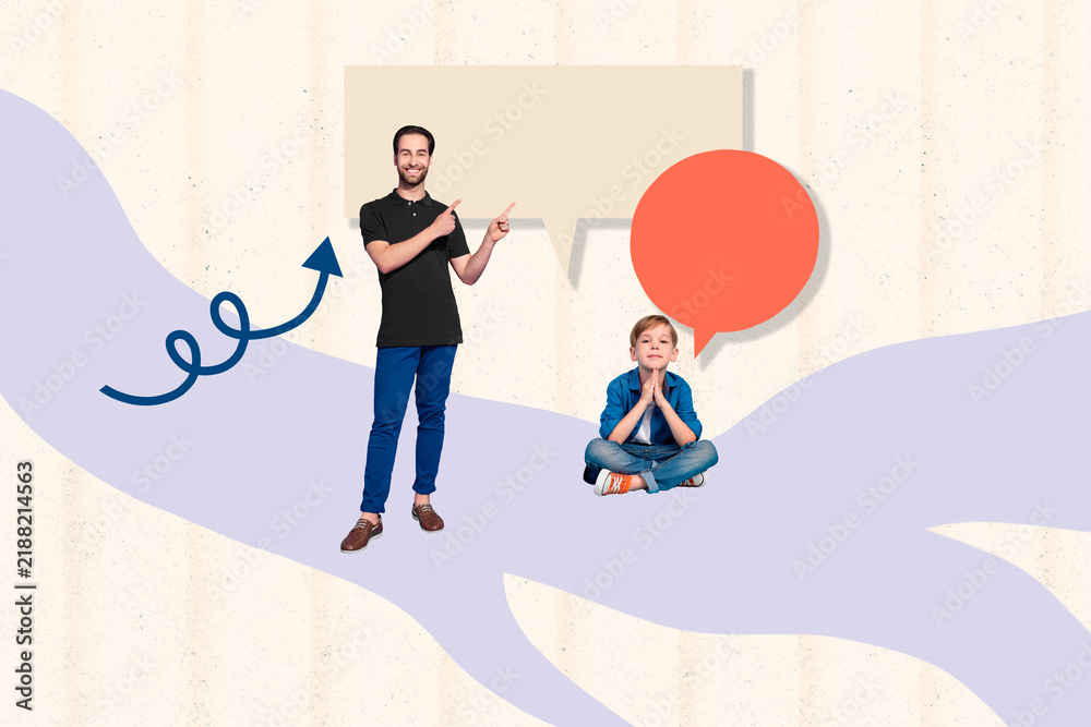 Fototapeta premium Creative photo collage trend artwork template of young man stand finger point showing chat tag text bubble feedback schoolboy son sit down