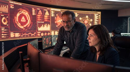 Concerned colleagues reviewing security alerts on a red-lit control room dashboard