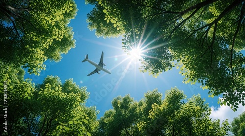 Airplane flies over green trees against bright sun and blue sky. View from below shows canopy and aircraft in flight. Represents nature and travel connection.