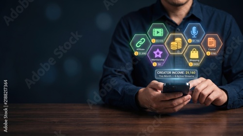 Smartphone showing creator income streams with glowing glass tiles for video, podcast, courses, affiliate sales and memberships in dark business setting with gold accents and clean copy space