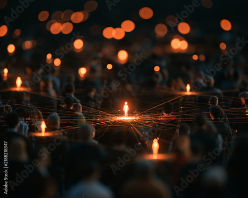 AI agent network connecting autonomous nodes amidst a crowd of people in a digital concept illustration
