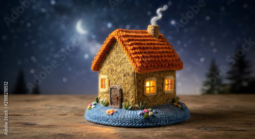 Cozy wooden house on a floating blue carpet at night with moonlit sky