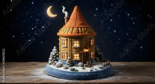 Cozy gingerbread style house with snow under moonlight night sky