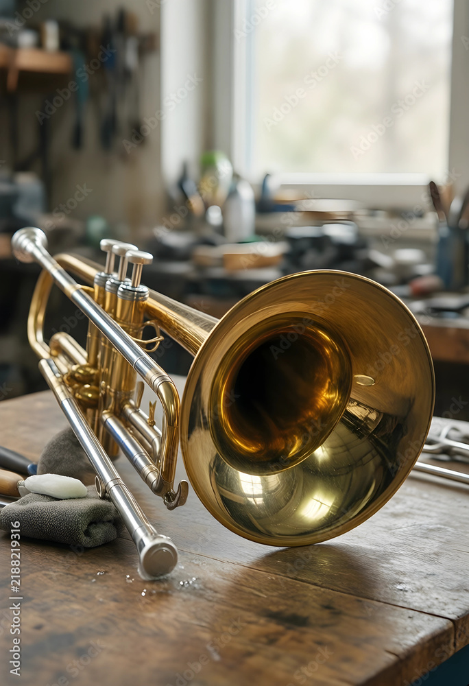 Obraz premium Musical instrument repair and maintenance, brass trumpet on a workbench in a workshop with cleaning tools and polishing cloth for professional restoration