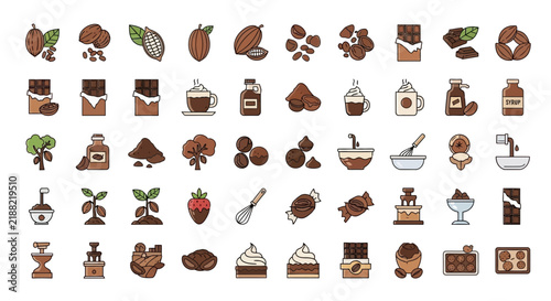Chocolate Icons Set: Cocoa Beans, Bars, Sweets, Drinks, Tools, Plants