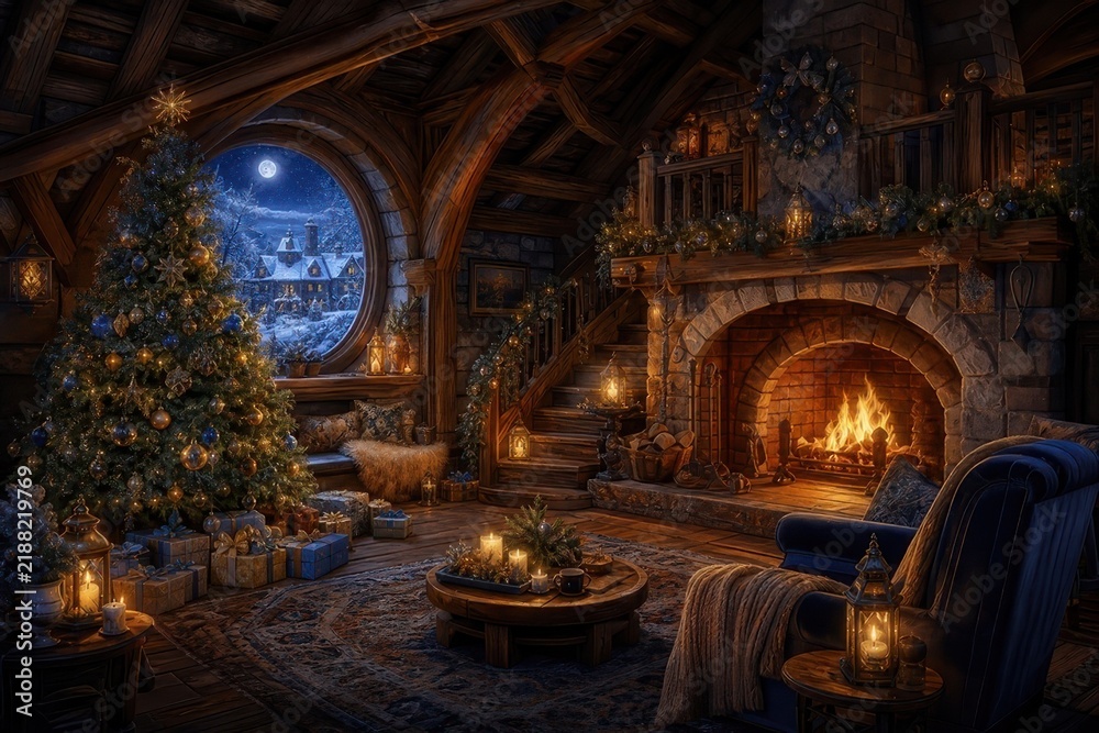 Obraz premium Cozy Christmas cabin interior with fireplace and tree
