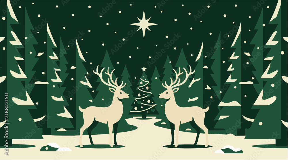 Naklejka premium Christmas vector illustration with two reindeer in snowy pine forest under shining star for holiday greeting card