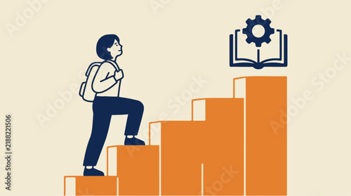 Vector illustration of student climbing staircase toward book and gear icon for education skill development and career progression
