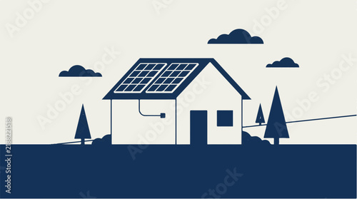 Minimalist vector illustration of house with solar panels on roof for renewable energy system
