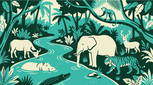 Tropical rainforest wildlife vector illustration with elephant tiger monkey deer and animals near river