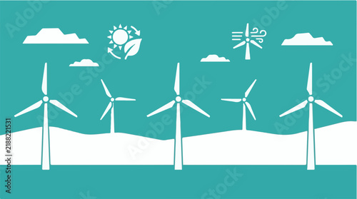 Renewable energy vector illustration with wind turbines on hills and green power icons for sustainable electricity and clean technology