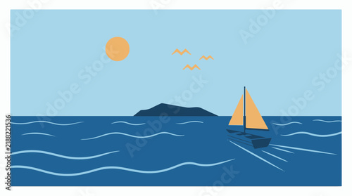 Minimalist vector illustration of sailboat on blue ocean with island silhouette, sun, and flying birds
