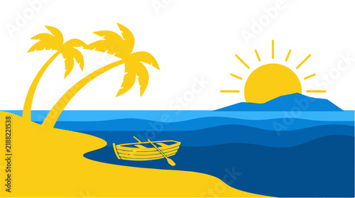 Tropical beach vector illustration with palm trees, wooden rowboat on the sea, and rising sun behind island