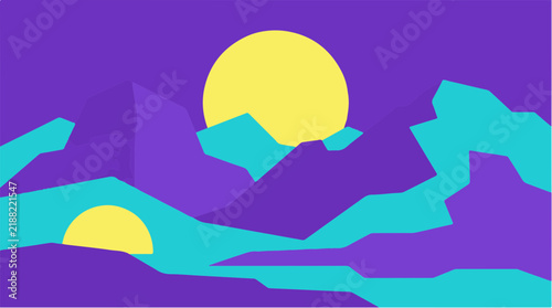 Geometric mountain landscape vector illustration with yellow sun and layered peaks on purple background