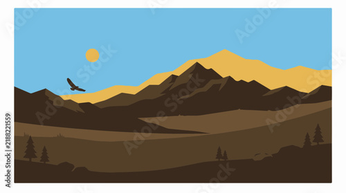 Mountain landscape vector illustration with flying bird, sun, pine trees, and layered hills