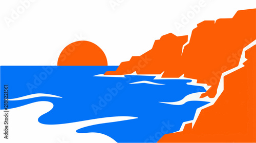 Minimalist vector illustration of coastal landscape with ocean cliff and sunset over the sea
